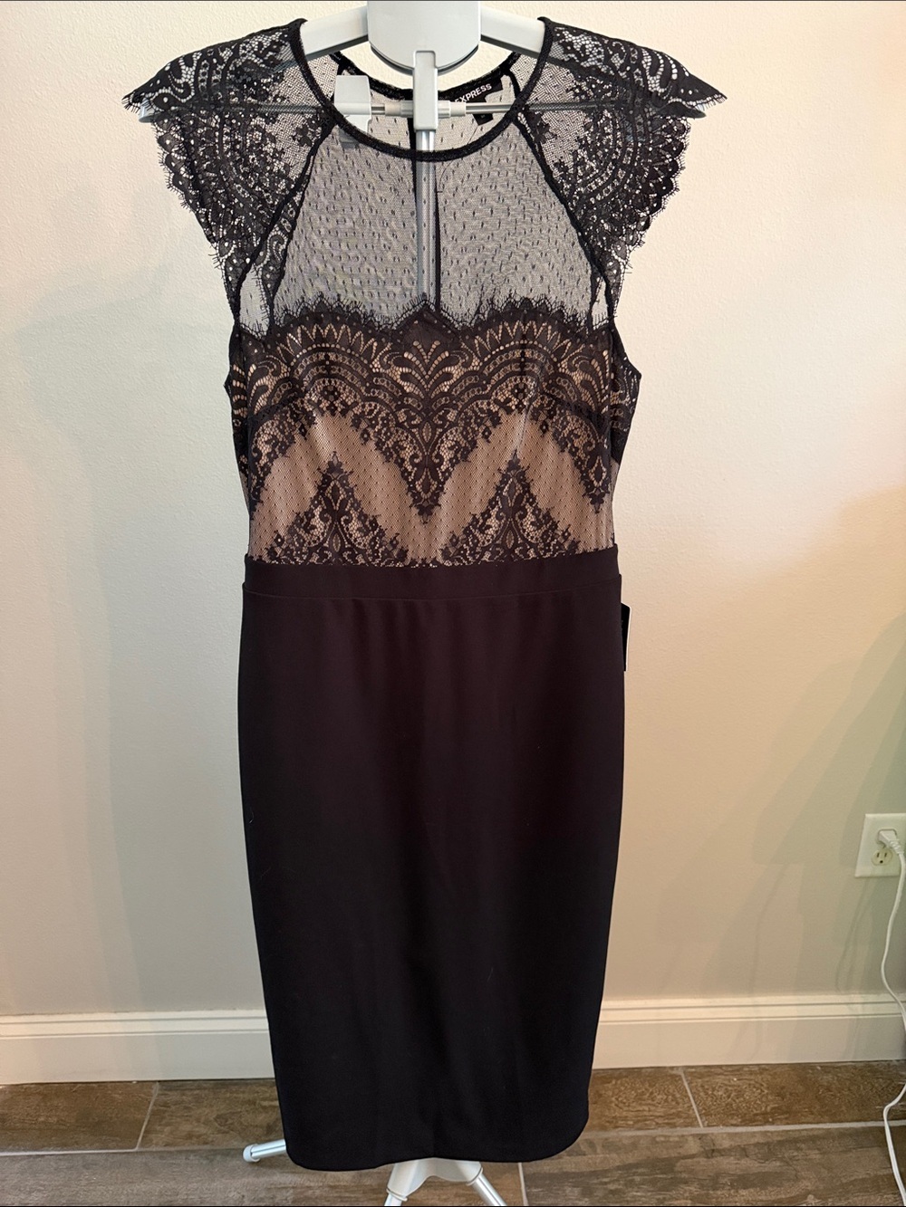 Express Black Lace Midi Wiggle Dress with Nude Lining